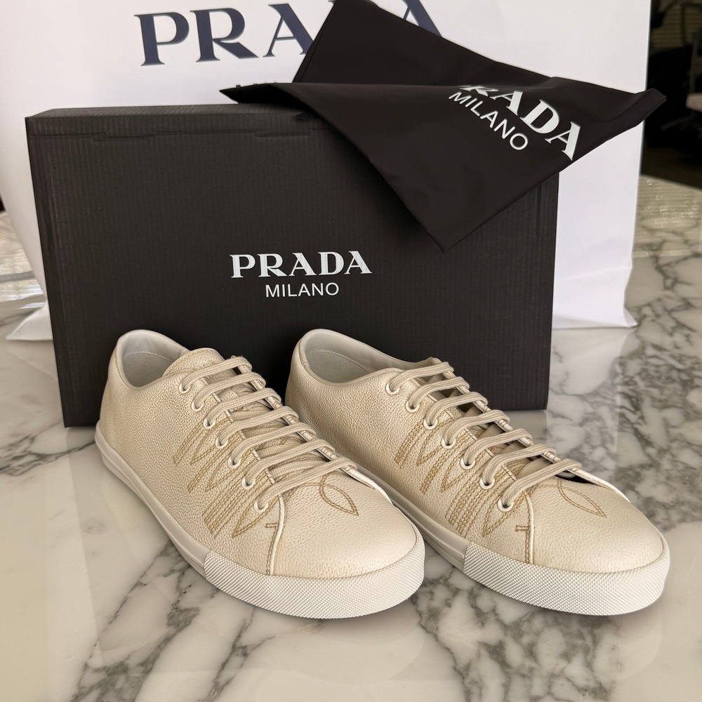Prada Milano 2EE448 Mens White Pebbled Leather Low Top Sneakers, UK 8.5